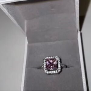 Silver Square Halo Ring with Pink Center Stone